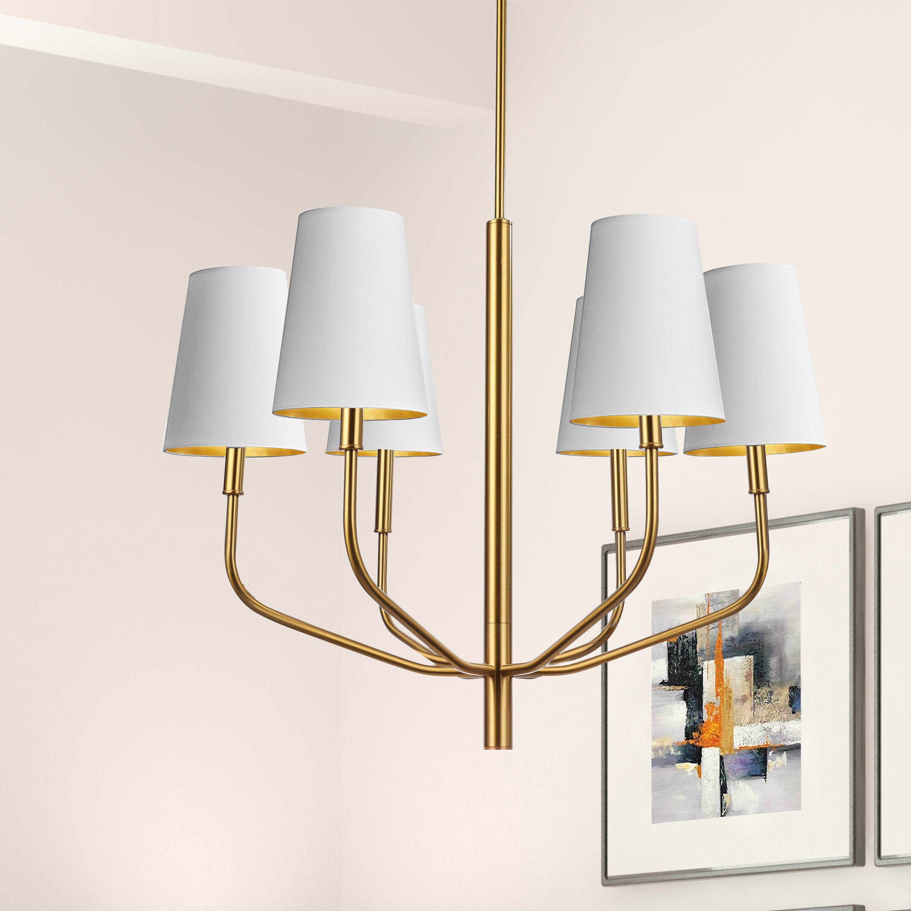 Dainolite Eleanor - ELN-286C-AGB-692 - 6 Light Pendant, Aged Brass w/ White Shades - White Gold