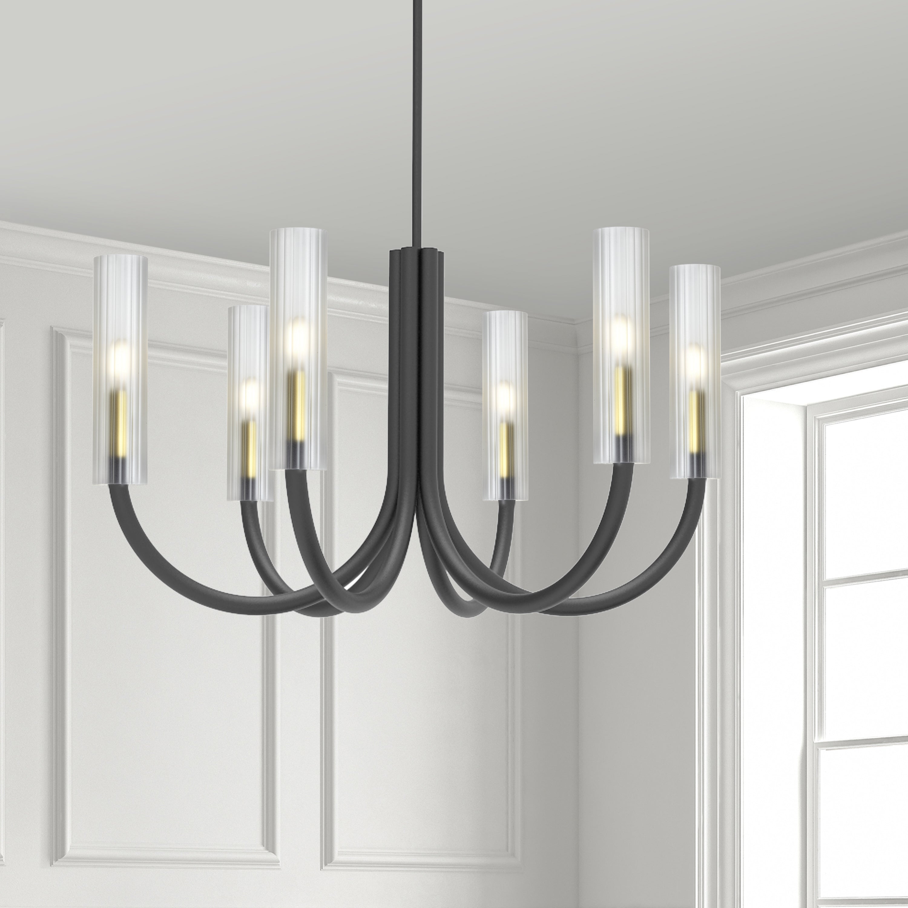 Dainolite Wand - WAN-306C-MB-AGB-FR - 6 Light Wand Chandelier Fixture Matte Black & Aged Brass w/ Frosted Glass - Matte Black